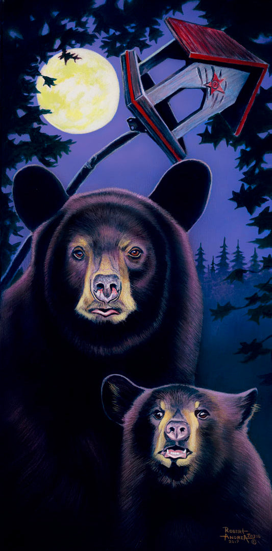 A painting of a mother bear and her cub standing under the moon. They have playfully scratched up a small birdhouse behind them.