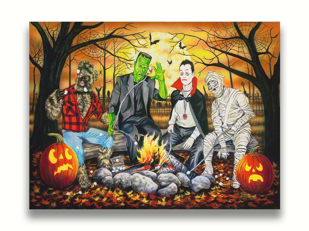 A painting of the wolfman, Frankenstein's monster, Dracula, and a mummy sitting around a campfire, roasting marshmallows. The fall leaves cover the ground, and there is a cemetery in the background. Printed on canvas.