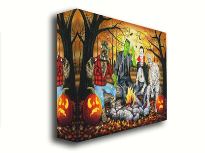 A painting of the wolfman, Frankenstein's monster, Dracula, and a mummy sitting around a campfire, roasting marshmallows. The fall leaves cover the ground, and there is a cemetery in the background. Printed on canvas.