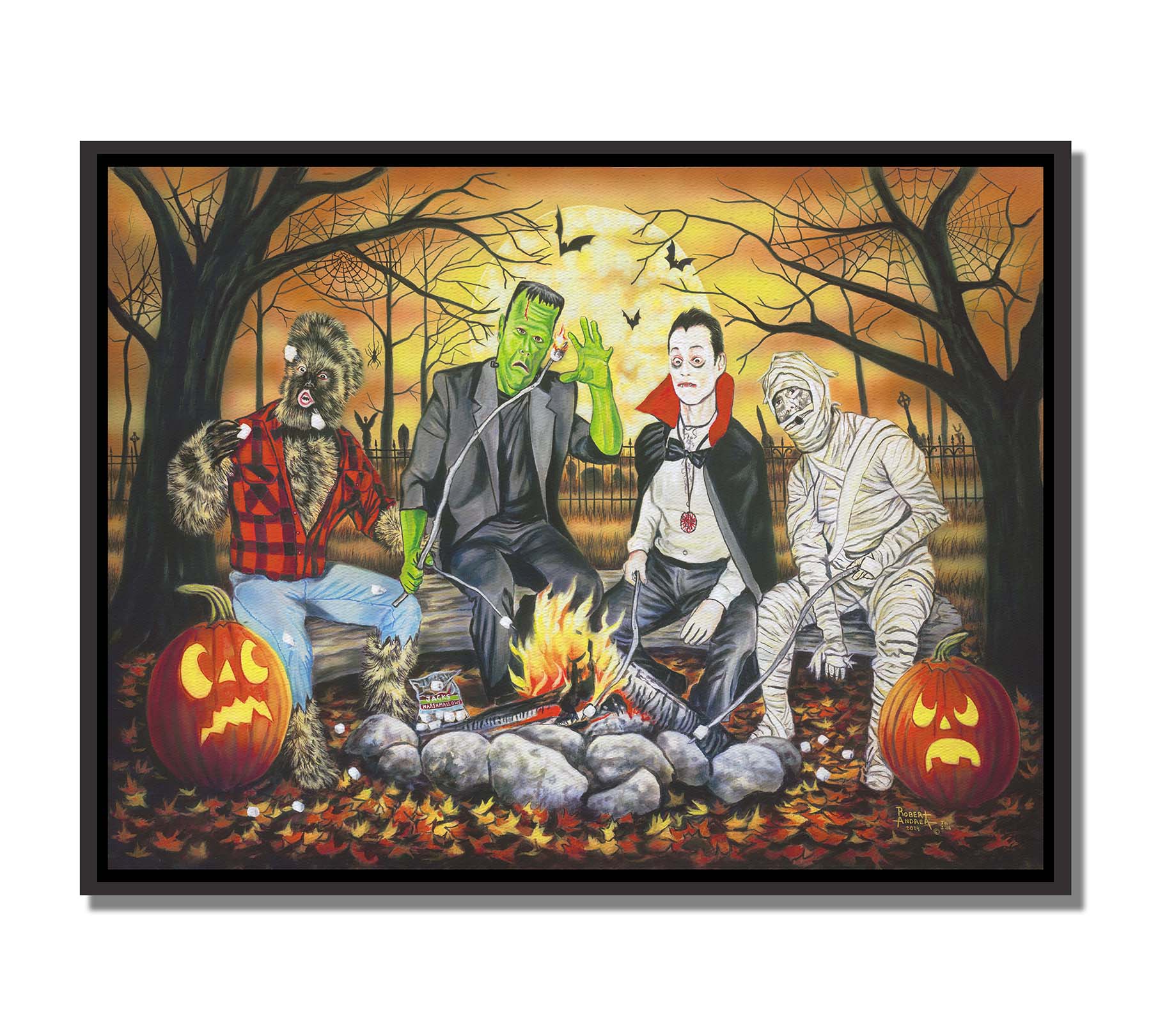 A painting of the wolfman, Frankenstein's monster, Dracula, and a mummy sitting around a campfire, roasting marshmallows. The fall leaves cover the ground, and there is a cemetery in the background. Printed on canvas in a float frame.