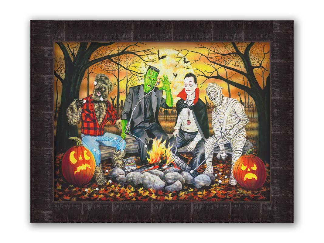 A painting of the wolfman, Frankenstein's monster, Dracula, and a mummy sitting around a campfire, roasting marshmallows. The fall leaves cover the ground, and there is a cemetery in the background. Printed on canvas and framed.