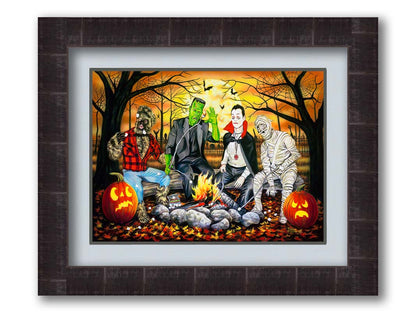 A painting of the wolfman, Frankenstein's monster, Dracula, and a mummy sitting around a campfire, roasting marshmallows. The fall leaves cover the ground, and there is a cemetery in the background. Printed on paper, matted, and framed.