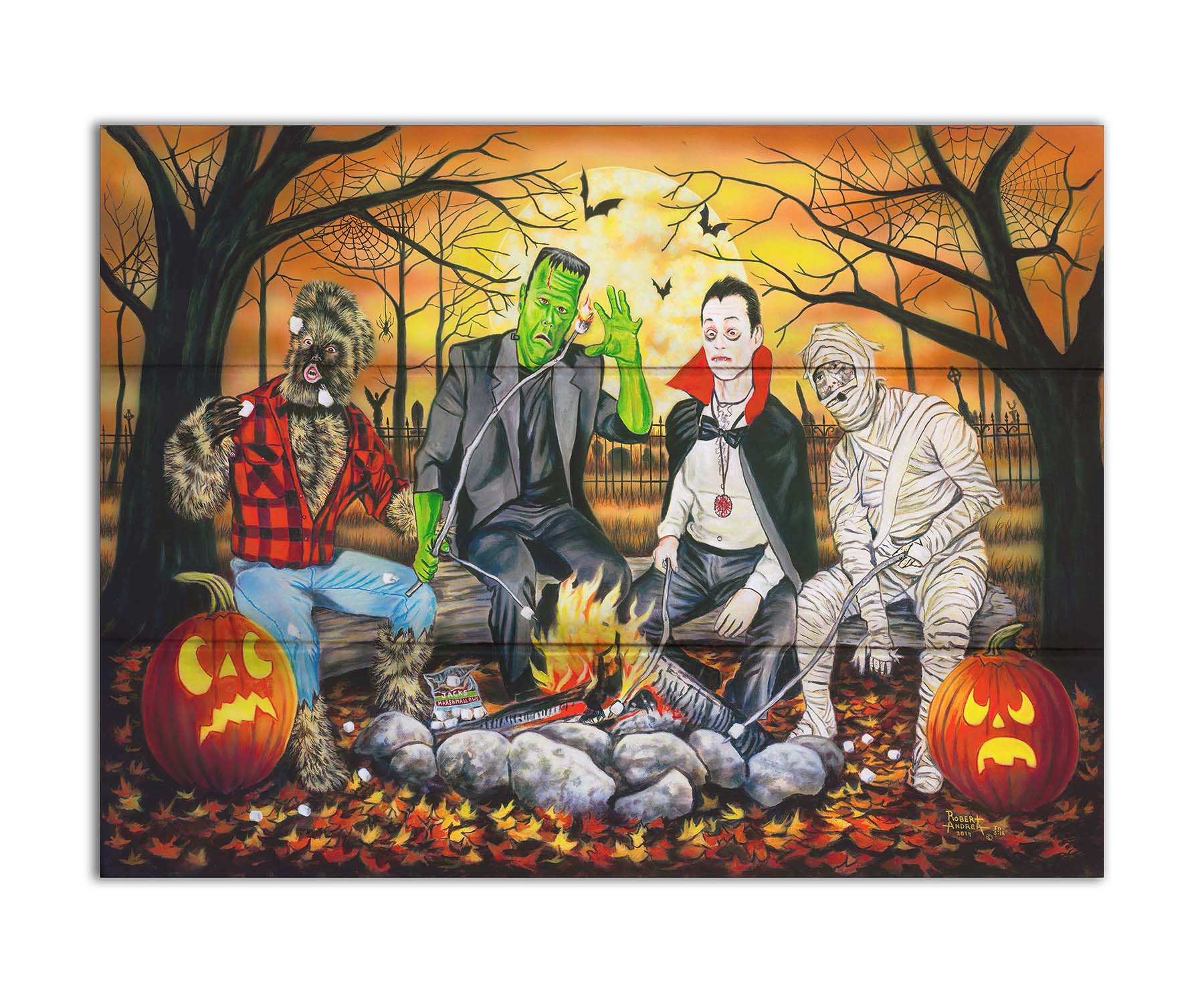 A painting of the wolfman, Frankenstein's monster, Dracula, and a mummy sitting around a campfire, roasting marshmallows. The fall leaves cover the ground, and there is a cemetery in the background. Printed on a box board.