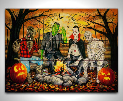 A painting of the wolfman, Frankenstein's monster, Dracula, and a mummy sitting around a campfire, roasting marshmallows. The fall leaves cover the ground, and there is a cemetery in the background. Printed on a wood pallet.