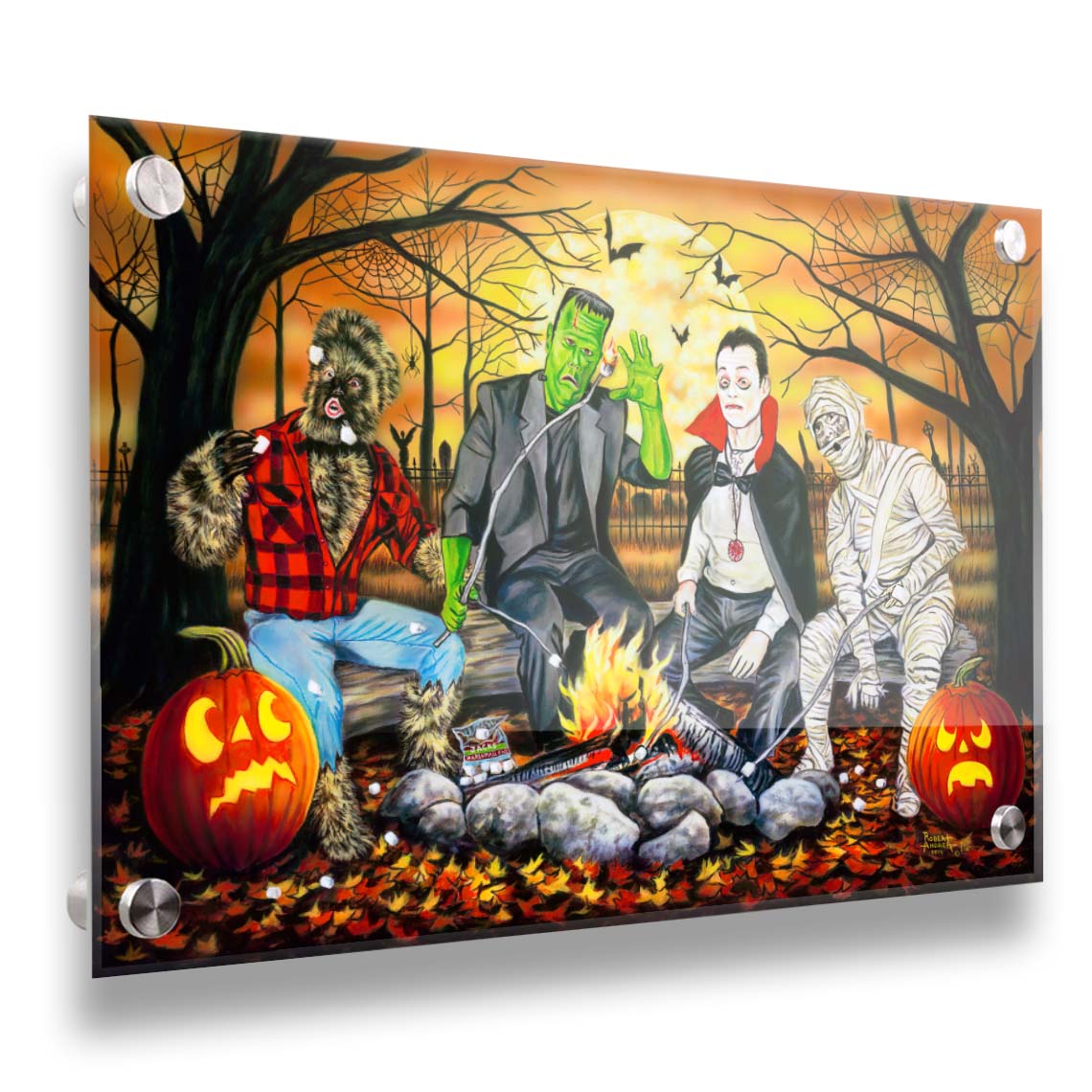 A painting of the wolfman, Frankenstein's monster, Dracula, and a mummy sitting around a campfire, roasting marshmallows. The fall leaves cover the ground, and there is a cemetery in the background. Printed on acrylic.