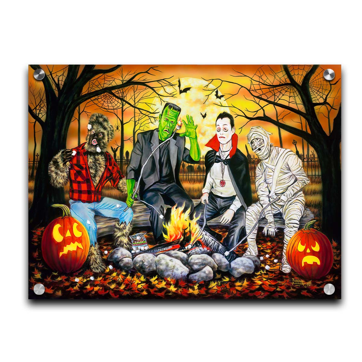 A painting of the wolfman, Frankenstein's monster, Dracula, and a mummy sitting around a campfire, roasting marshmallows. The fall leaves cover the ground, and there is a cemetery in the background. Printed on acrylic.