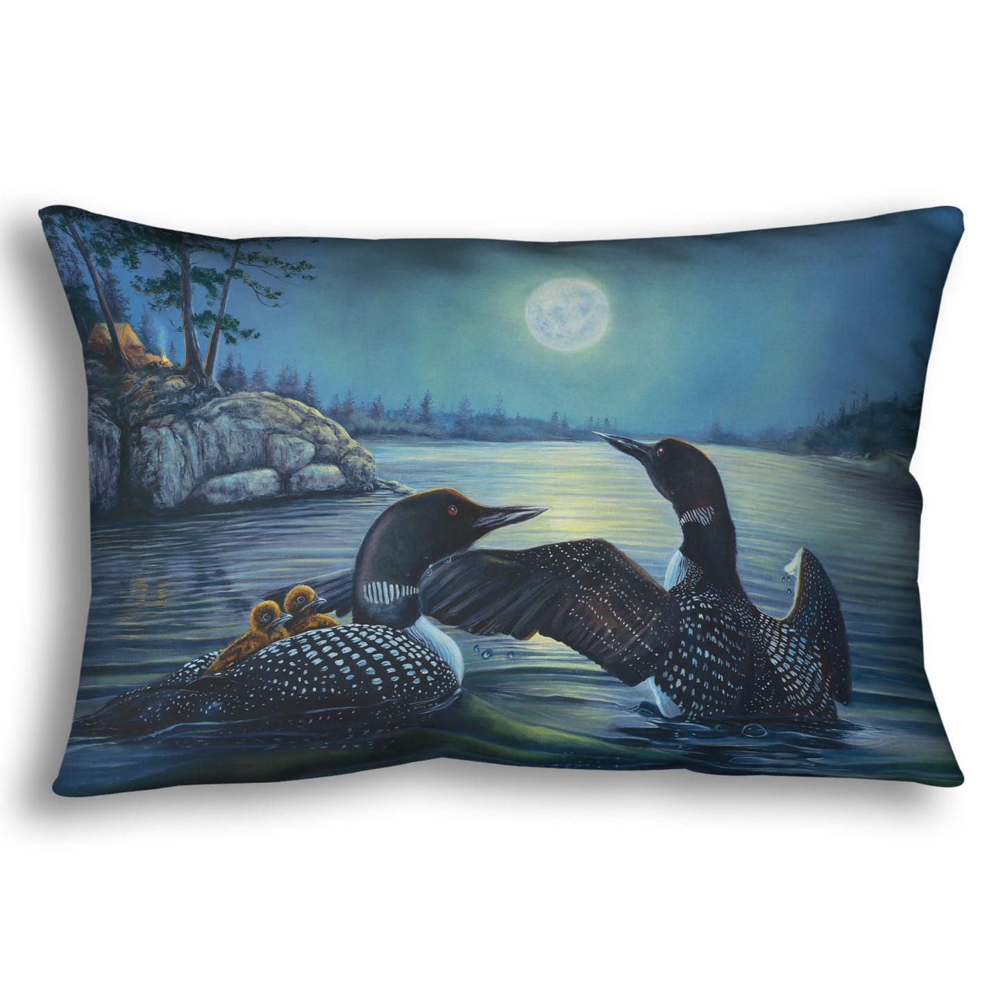 A throw pillow designed with a painting of two grown loons, with two baby loons on one of their backs. They are floating on a lake under the moonlight.