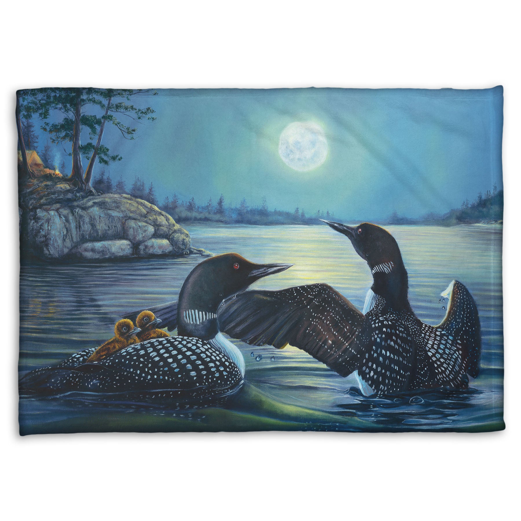 A coral fleece blanket designed with a painting of two grown loons, with two baby loons on one of their backs. They are floating on a lake under the moonlight.