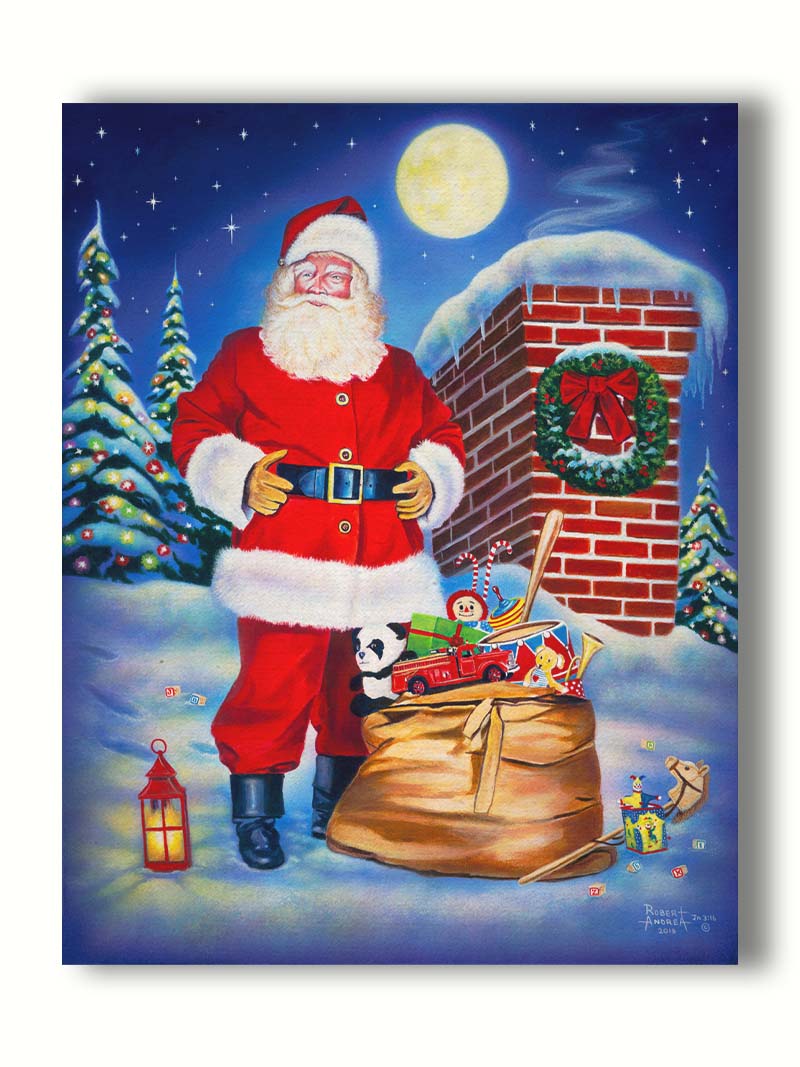 A painting of Santa Claus standing on a snowy rooftop, beside a smoking chimmeny and a bag of toys. The moon is high in the sky, and the evergreens twinkle with christmas light. Printed on canvas.