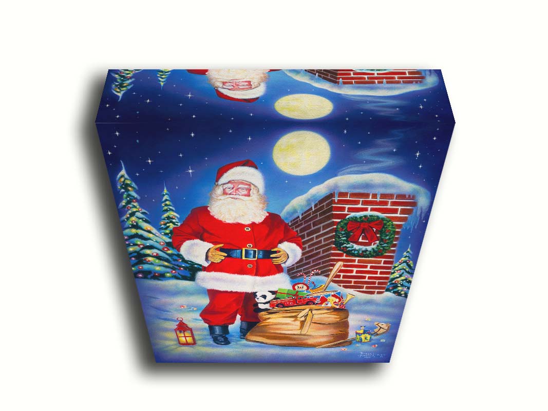 A painting of Santa Claus standing on a snowy rooftop, beside a smoking chimmeny and a bag of toys. The moon is high in the sky, and the evergreens twinkle with christmas light. Printed on canvas.