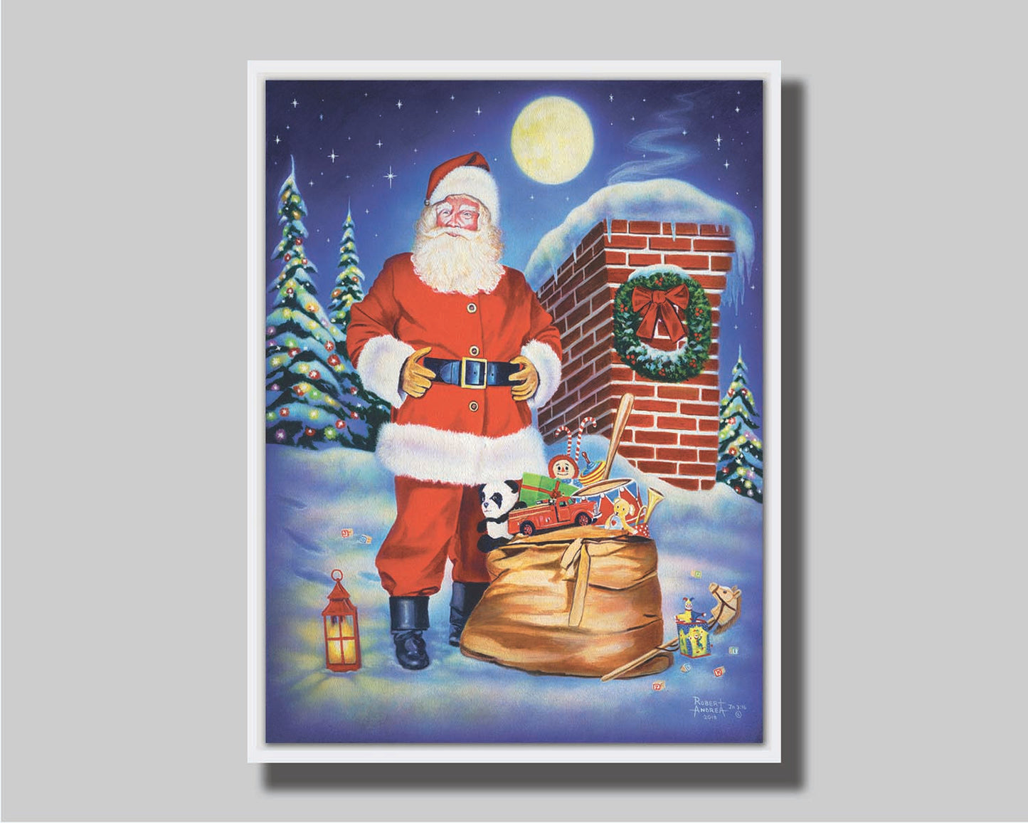 A painting of Santa Claus standing on a snowy rooftop, beside a smoking chimmeny and a bag of toys. The moon is high in the sky, and the evergreens twinkle with christmas light. Printed on canvas in a float frame.