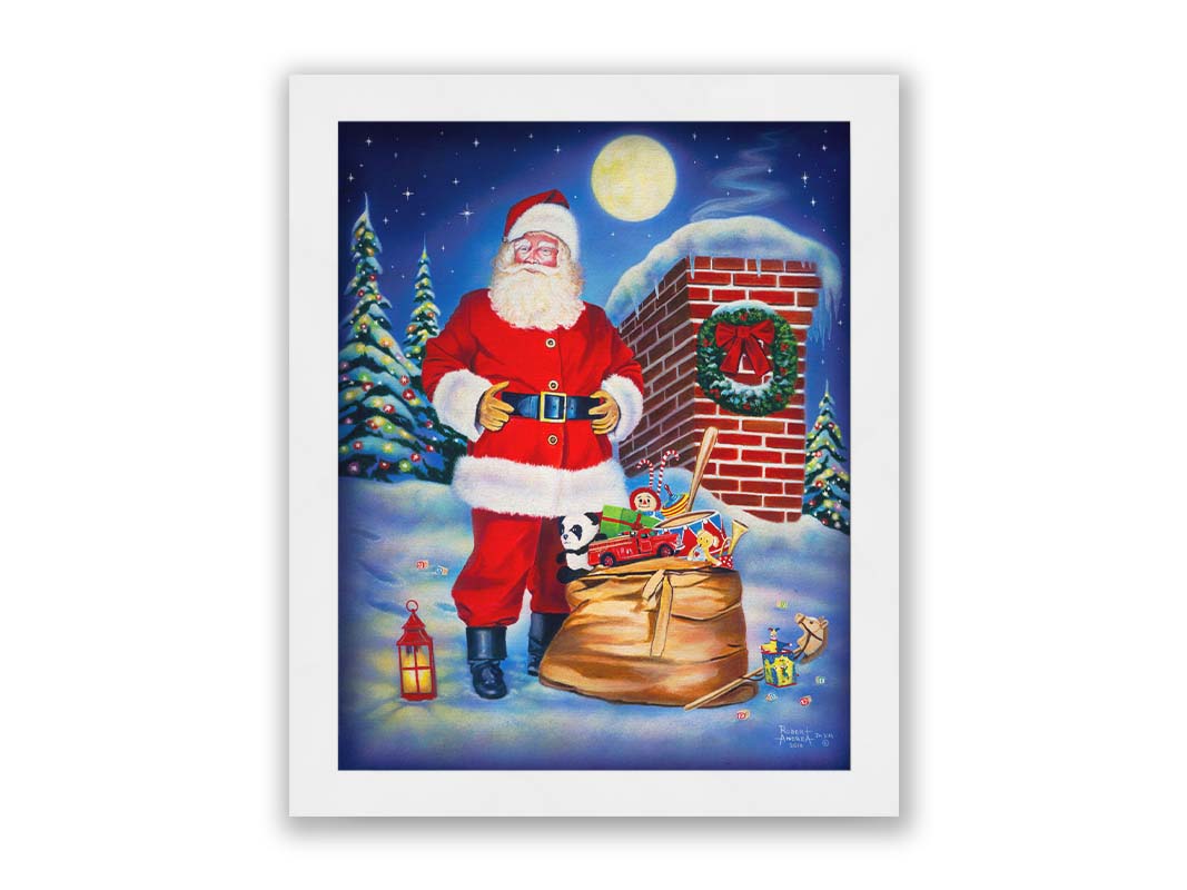 A painting of Santa Claus standing on a snowy rooftop, beside a smoking chimmeny and a bag of toys. The moon is high in the sky, and the evergreens twinkle with christmas light. Printed on canvas and framed.