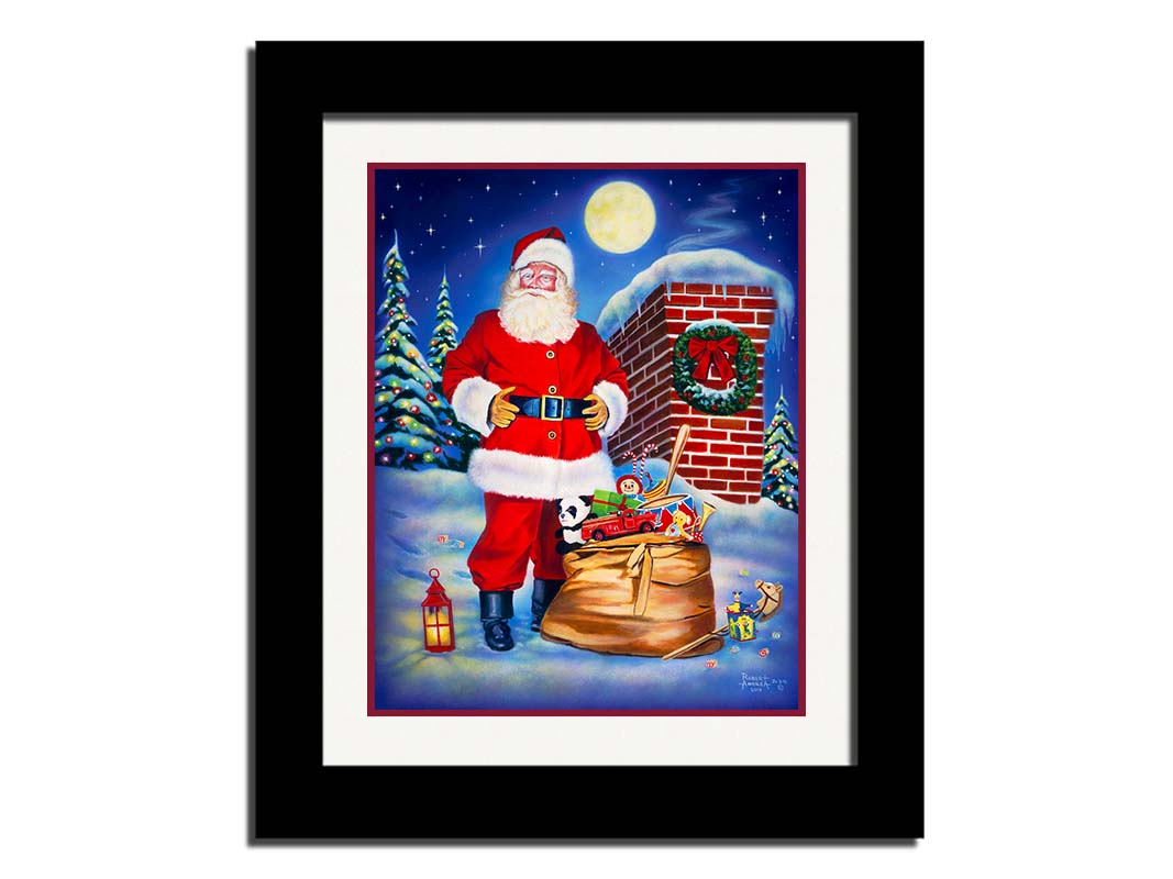 A painting of Santa Claus standing on a snowy rooftop, beside a smoking chimmeny and a bag of toys. The moon is high in the sky, and the evergreens twinkle with christmas light. Printed on paper, matted, and framed.