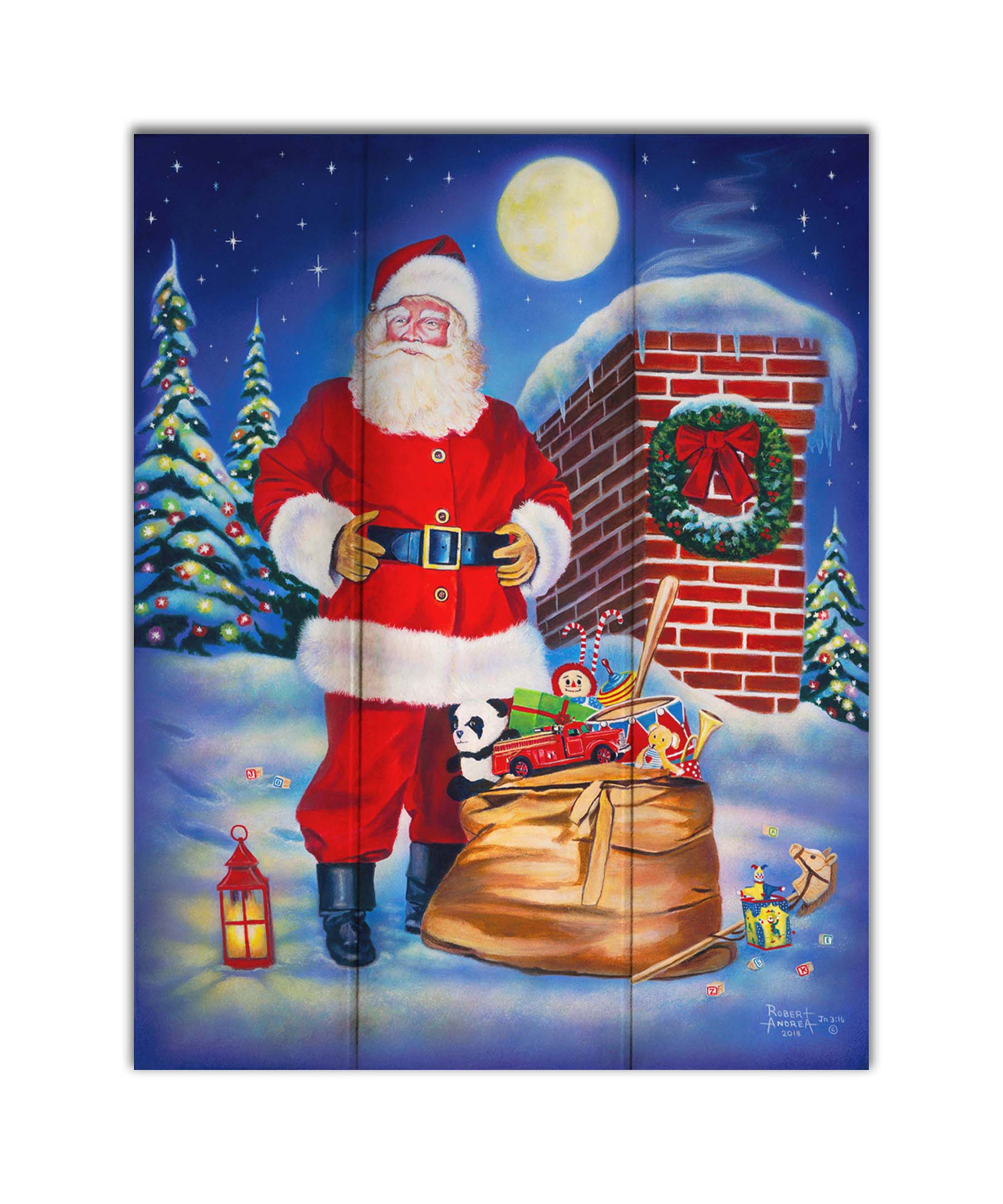 A painting of Santa Claus standing on a snowy rooftop, beside a smoking chimmeny and a bag of toys. The moon is high in the sky, and the evergreens twinkle with christmas light. Printed on a box board.