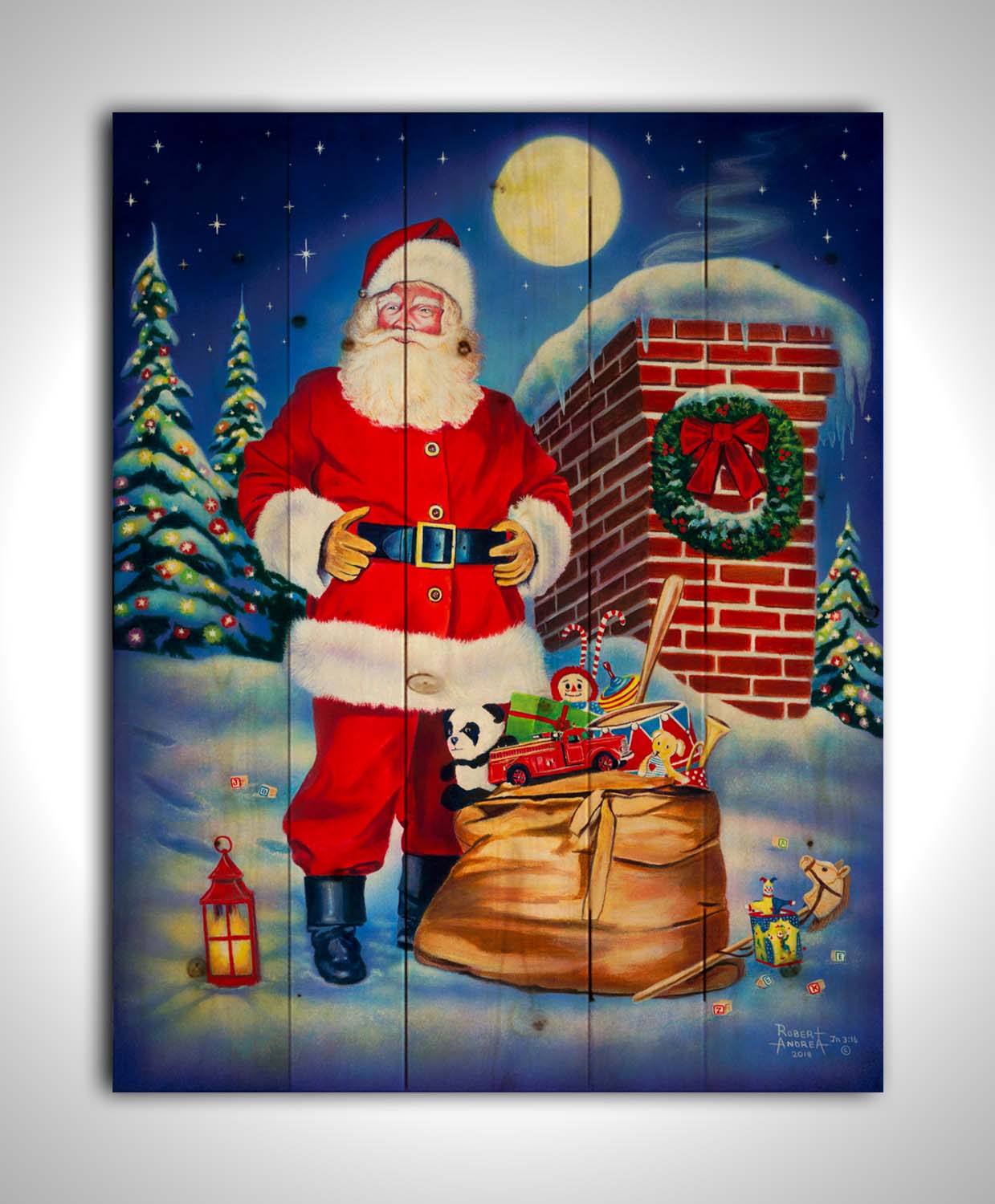 A painting of Santa Claus standing on a snowy rooftop, beside a smoking chimmeny and a bag of toys. The moon is high in the sky, and the evergreens twinkle with christmas light. Printed on a wood pallet.