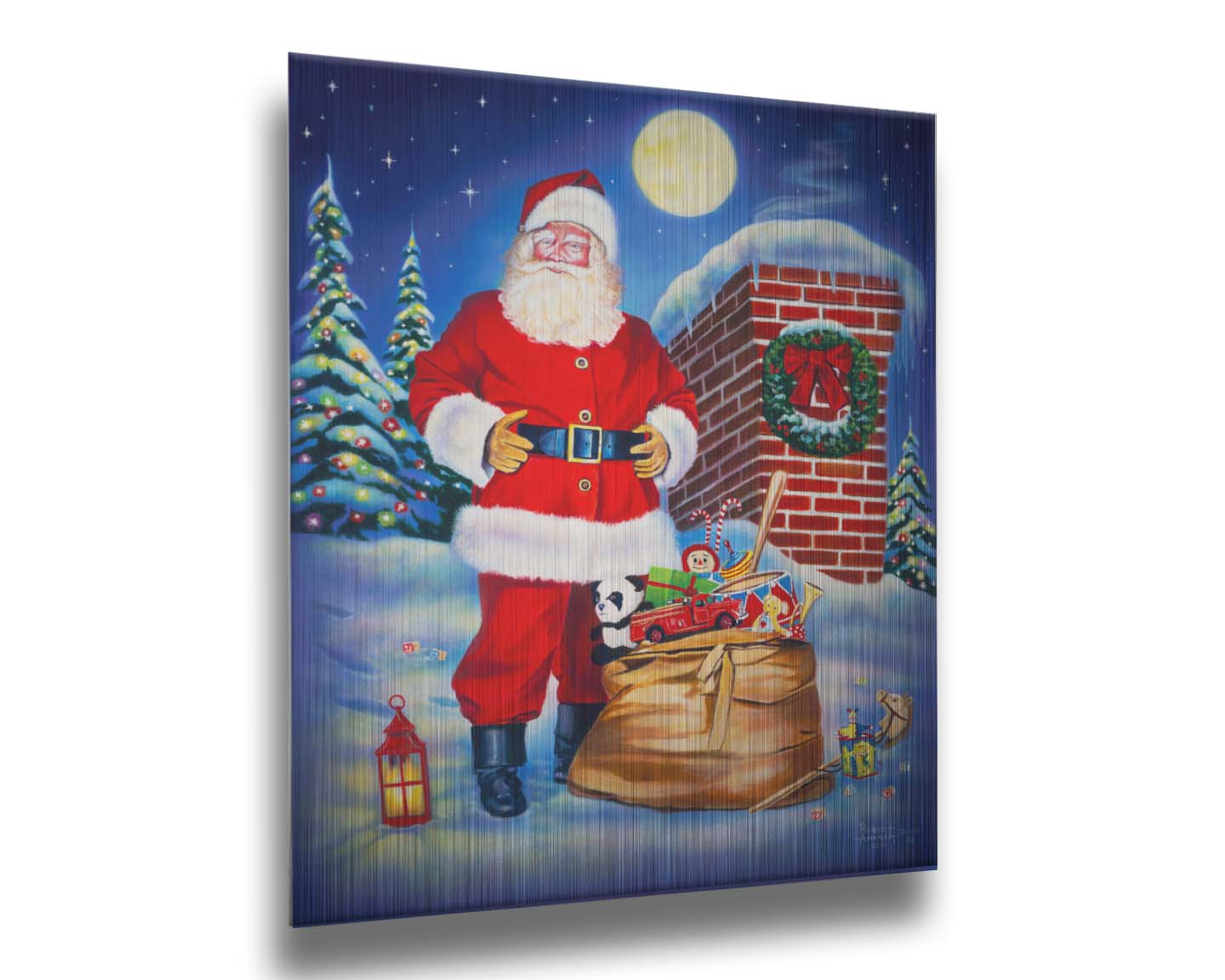 A painting of Santa Claus standing on a snowy rooftop, beside a smoking chimmeny and a bag of toys. The moon is high in the sky, and the evergreens twinkle with christmas light. Printed on metal.