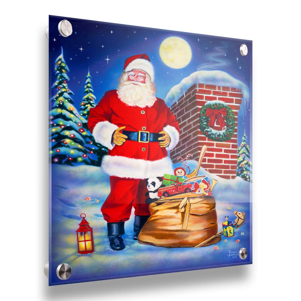 A painting of Santa Claus standing on a snowy rooftop, beside a smoking chimmeny and a bag of toys. The moon is high in the sky, and the evergreens twinkle with christmas light. Printed on acrylic.