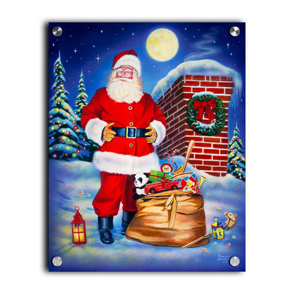 A painting of Santa Claus standing on a snowy rooftop, beside a smoking chimmeny and a bag of toys. The moon is high in the sky, and the evergreens twinkle with christmas light. Printed on acrylic.