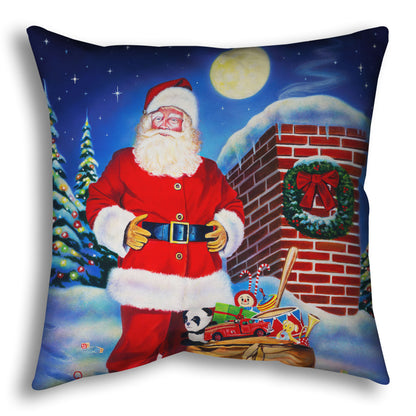 Festive throw pillow with a Santa Claus design. He stands on a snowy rooftop at night with a bag of toys.
