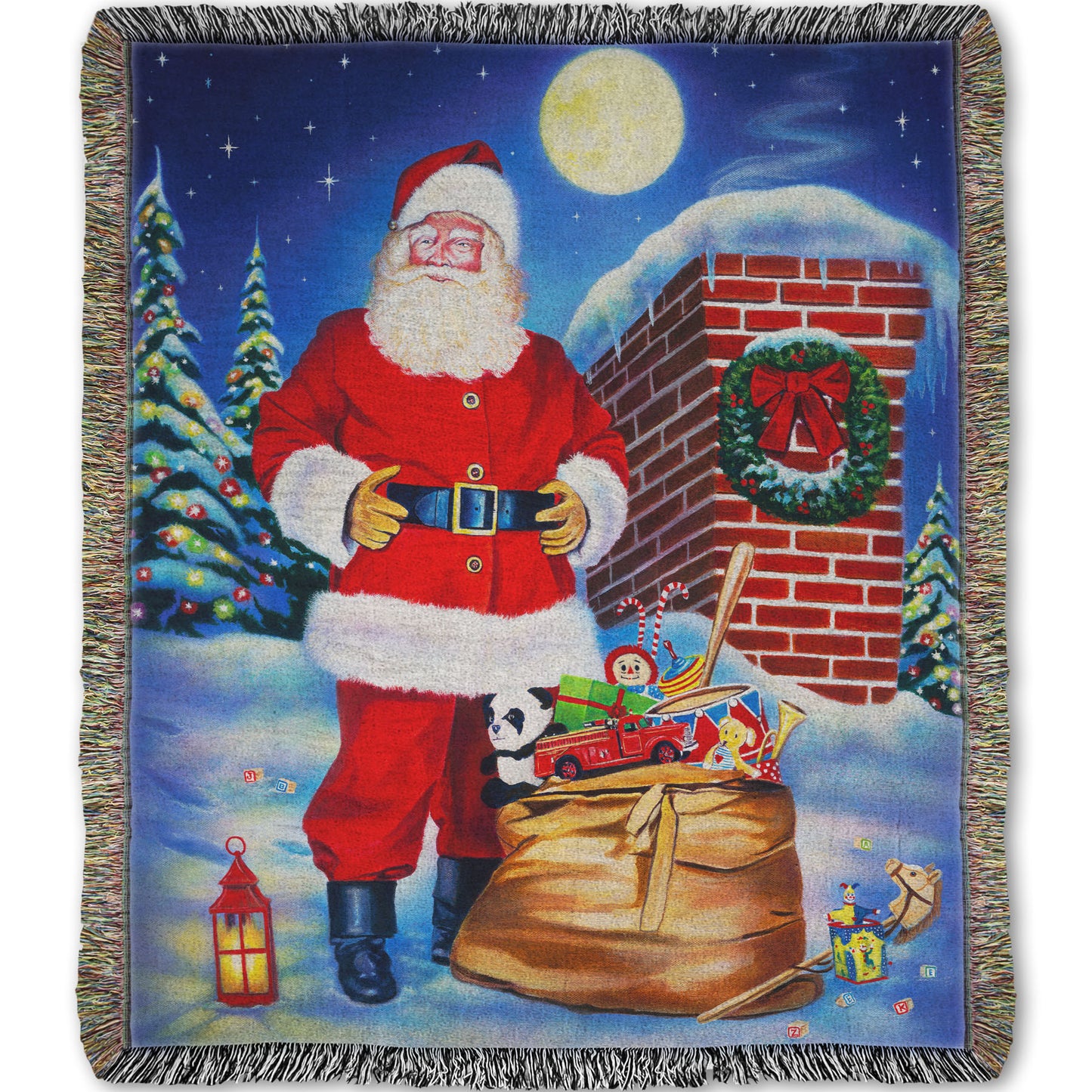 Festive blanket with a Santa Claus design. He stands on a snowy rooftop at night with a bag of toys.