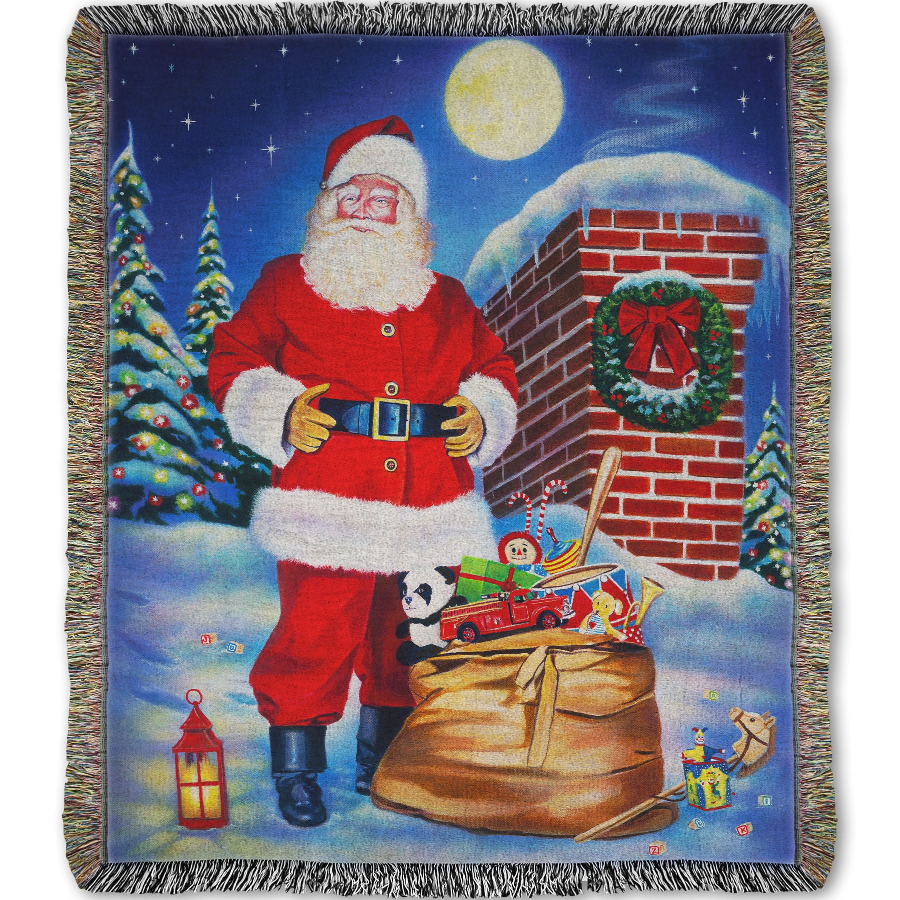 Festive blanket with a Santa Claus design. He stands on a snowy rooftop at night with a bag of toys.