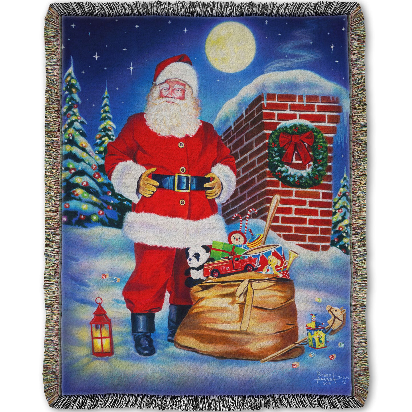 Festive blanket with a Santa Claus design. He stands on a snowy rooftop at night with a bag of toys.