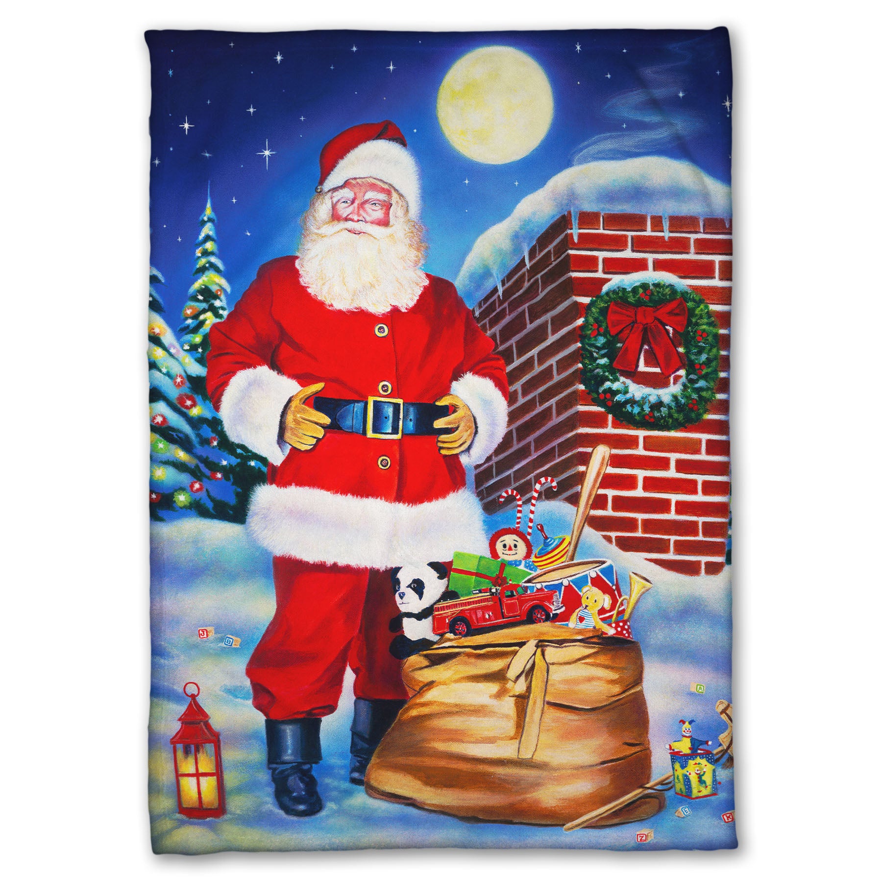 Festive blanket with a Santa Claus design. He stands on a snowy rooftop at night with a bag of toys.
