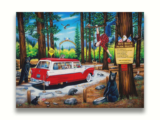 A painting of a family vacation gone awry in the 1950s, as a tire change on a drive-through nature trail descends into chaos. Bears, raccoons, skunks, foxes, porcupines, deer, squirrels, and eagles can all be seen around the 1950s car. The man who was attempting to change the tire has frantically climbed into a tree. Printed on canvas.