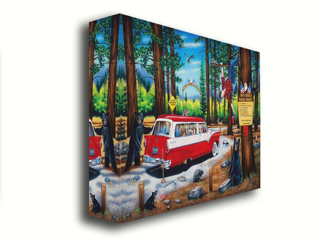 A painting of a family vacation gone awry in the 1950s, as a tire change on a drive-through nature trail descends into chaos. Bears, raccoons, skunks, foxes, porcupines, deer, squirrels, and eagles can all be seen around the 1950s car. The man who was attempting to change the tire has frantically climbed into a tree. Printed on canvas.