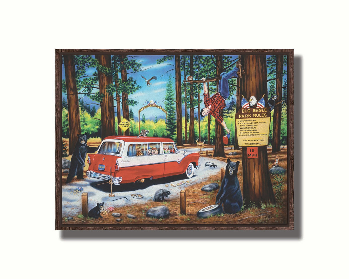 A painting of a family vacation gone awry in the 1950s, as a tire change on a drive-through nature trail descends into chaos. Bears, raccoons, skunks, foxes, porcupines, deer, squirrels, and eagles can all be seen around the 1950s car. The man who was attempting to change the tire has frantically climbed into a tree. Printed on canvas in a float frame.