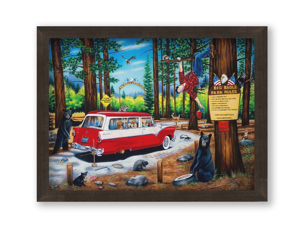 A painting of a family vacation gone awry in the 1950s, as a tire change on a drive-through nature trail descends into chaos. Bears, raccoons, skunks, foxes, porcupines, deer, squirrels, and eagles can all be seen around the 1950s car. The man who was attempting to change the tire has frantically climbed into a tree. Printed on canvas and framed.