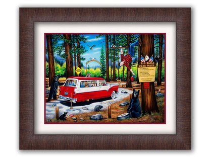 A painting of a family vacation gone awry in the 1950s, as a tire change on a drive-through nature trail descends into chaos. Bears, raccoons, skunks, foxes, porcupines, deer, squirrels, and eagles can all be seen around the 1950s car. The man who was attempting to change the tire has frantically climbed into a tree. Printed on paper, matted, and framed.