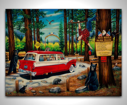 A painting of a family vacation gone awry in the 1950s, as a tire change on a drive-through nature trail descends into chaos. Bears, raccoons, skunks, foxes, porcupines, deer, squirrels, and eagles can all be seen around the 1950s car. The man who was attempting to change the tire has frantically climbed into a tree. Printed on a wood pallet.