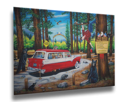 A painting of a family vacation gone awry in the 1950s, as a tire change on a drive-through nature trail descends into chaos. Bears, raccoons, skunks, foxes, porcupines, deer, squirrels, and eagles can all be seen around the 1950s car. The man who was attempting to change the tire has frantically climbed into a tree. Printed on metal.