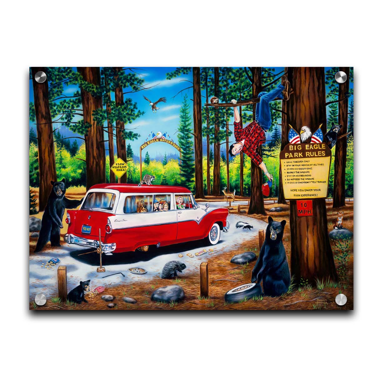 A painting of a family vacation gone awry in the 1950s, as a tire change on a drive-through nature trail descends into chaos. Bears, raccoons, skunks, foxes, porcupines, deer, squirrels, and eagles can all be seen around the 1950s car. The man who was attempting to change the tire has frantically climbed into a tree. Printed on acrylic.