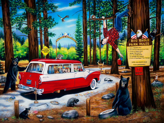 A painting of a family vacation gone awry in the 1950s, as a tire change on a drive-through nature trail descends into chaos. Bears, raccoons, skunks, foxes, porcupines, deer, squirrels, and eagles can all be seen around the 1950s car. The man who was attempting to change the tire has frantically climbed into a tree.