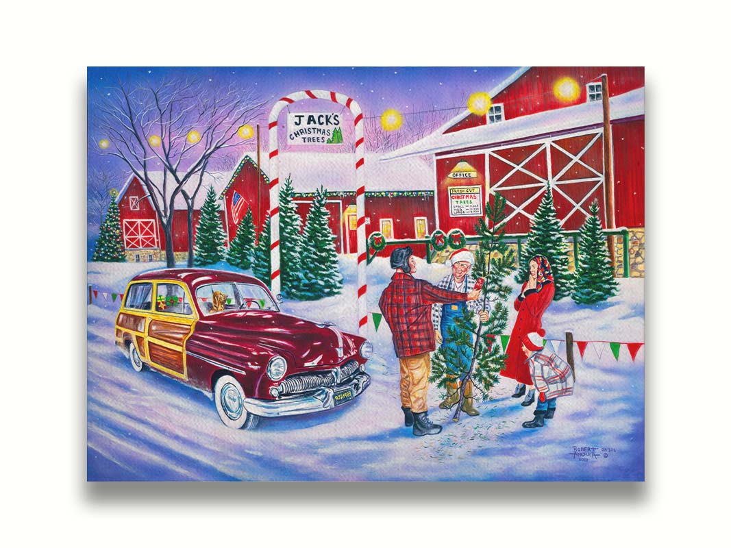 A painting of a family at a farm, buying a christmas tree. Printed on canvas.