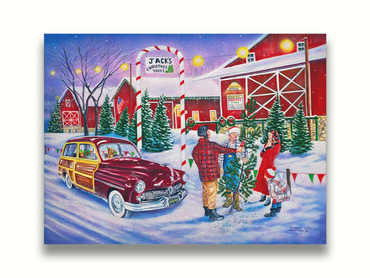 A painting of a family at a farm, buying a christmas tree. Printed on canvas.