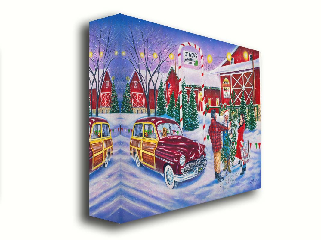 A painting of a family at a farm, buying a christmas tree. Printed on canvas.