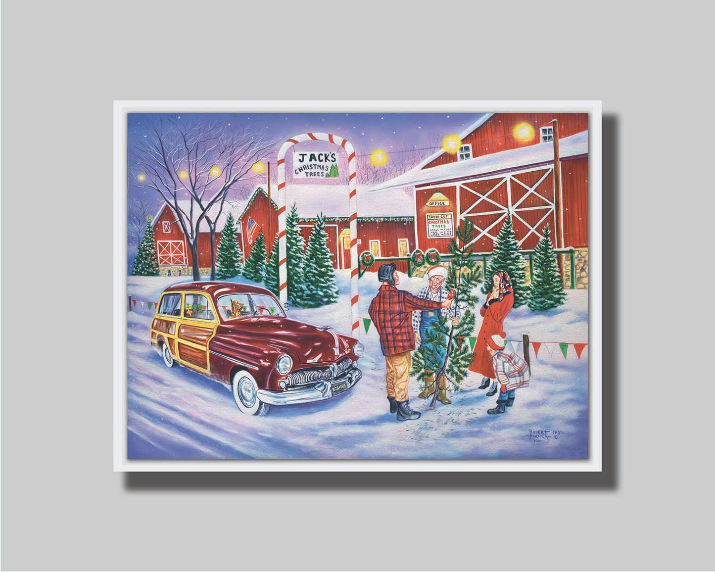 A painting of a family at a farm, buying a christmas tree. Printed on canvas in a float frame.