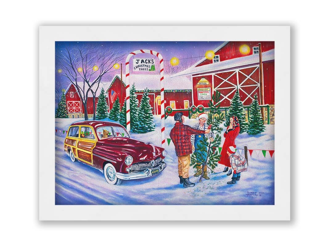 A painting of a family at a farm, buying a christmas tree. Printed on canvas and framed.