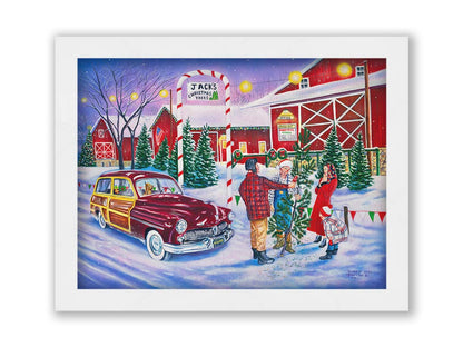 A painting of a family at a farm, buying a christmas tree. Printed on canvas and framed.