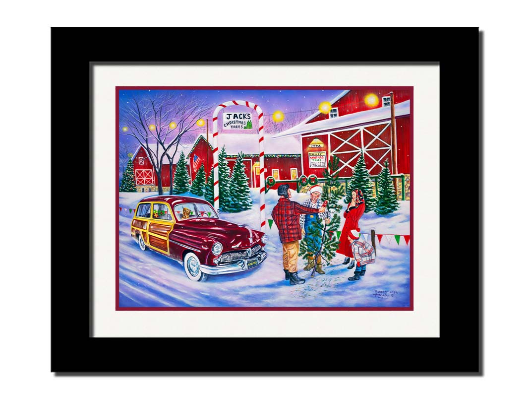 A painting of a family at a farm, buying a christmas tree. Printed on paper, matted, and framed.