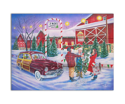 A painting of a family at a farm, buying a christmas tree. Printed on a box board.