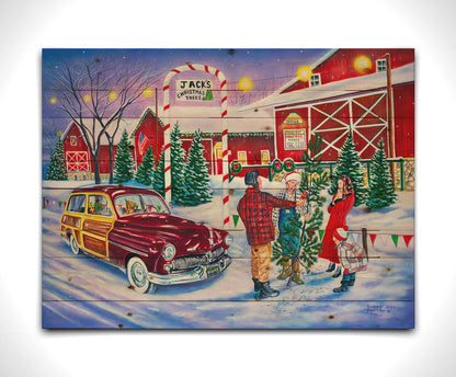 A painting of a family at a farm, buying a christmas tree. Printed on a wood pallet.