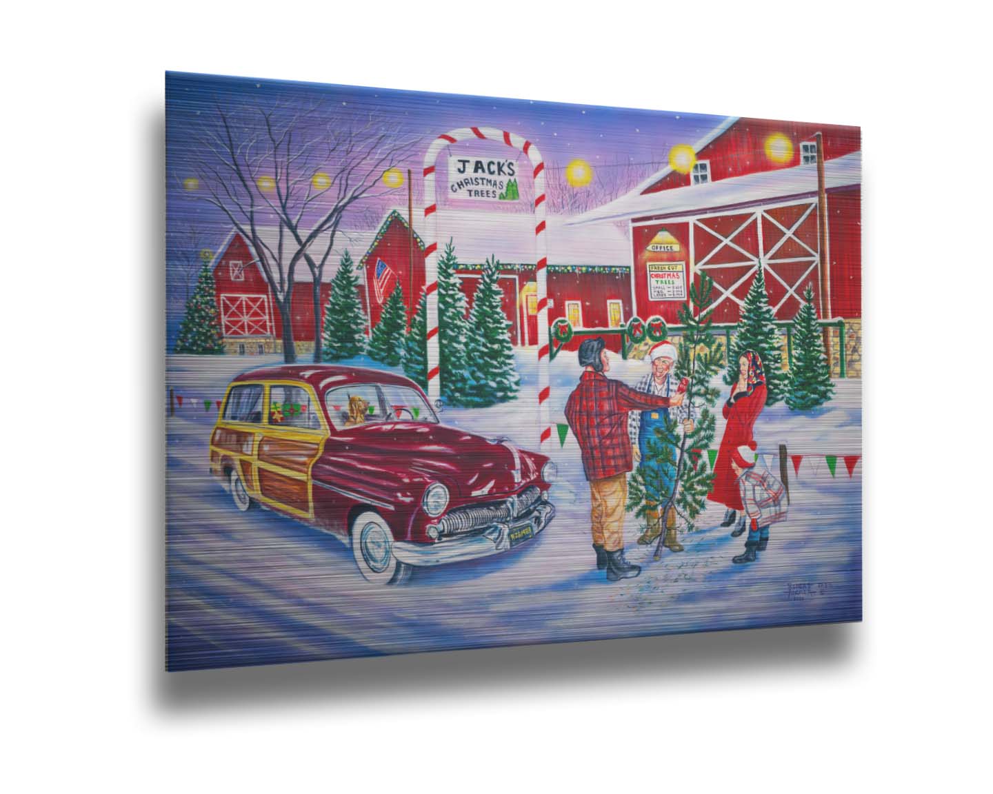 A painting of a family at a farm, buying a christmas tree. Printed on metal.