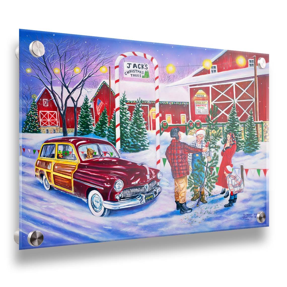 A painting of a family at a farm, buying a christmas tree. Printed on acrylic.