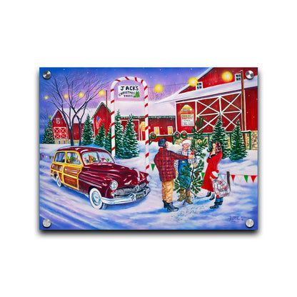 A painting of a family at a farm, buying a christmas tree. Printed on acrylic.