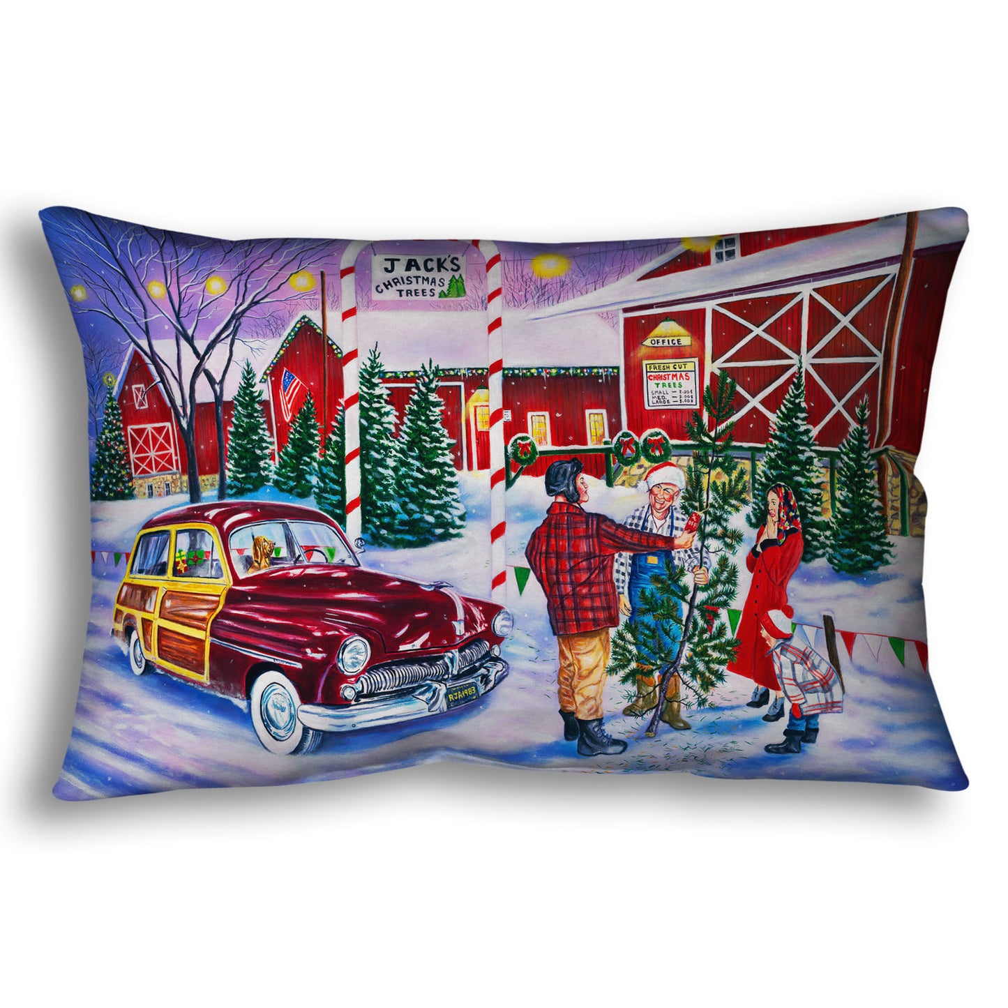 Throw pillow detailed with a painting of a family at a farm, buying a christmas tree.