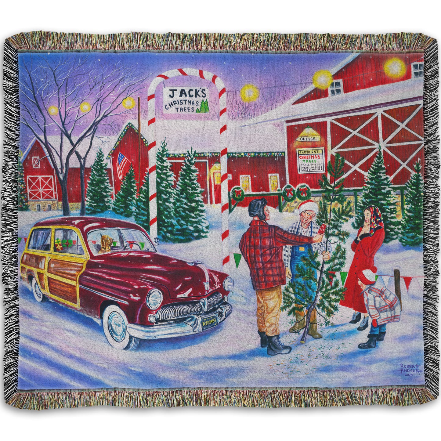 Woven throw blanket detailed with a painting of a family at a farm, buying a christmas tree.